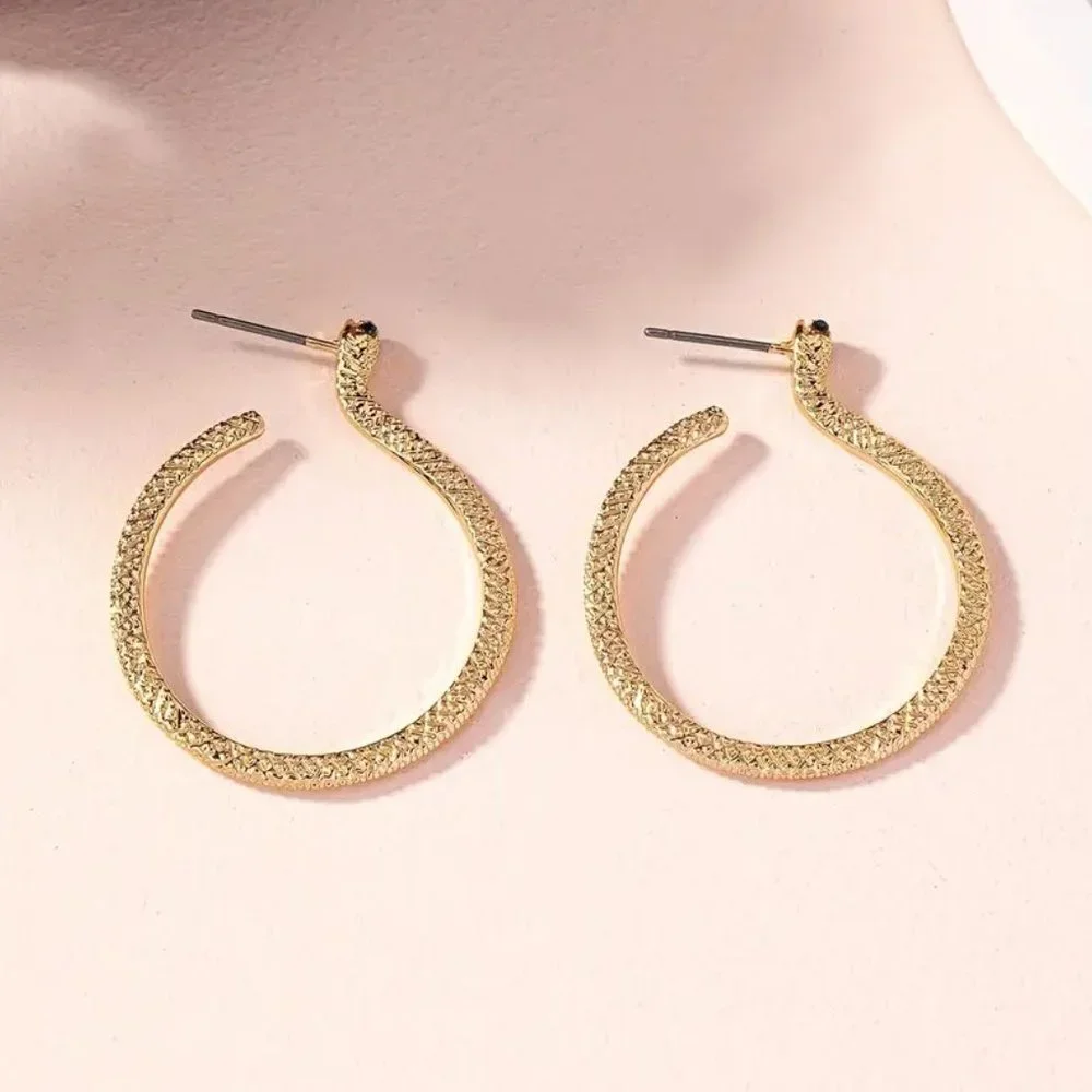 Gold Serpent Snake Blue Rhinestone Eyes Hoop Earrings NEW - Picture 6 of 7